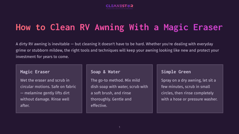 1 How To Clean Rv Awning With A Magic Eraser Infographic Titled &Quot;How To Clean Rv Awning With A Magic Eraser&Quot; From Cleanestor, Detailing Cleaning Methods With Magic Eraser, Soap &Amp; Water, And Simple Green.