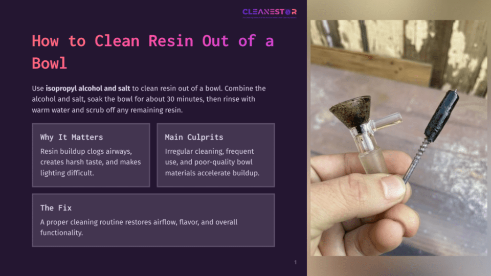 1 How To Clean Resin Out Of A Bowl A Hand Holds A Dirty Glass Bowl And Downstem, Covered In Dark, Sticky Resin, Ready For Cleaning. The Background Is Blurred.