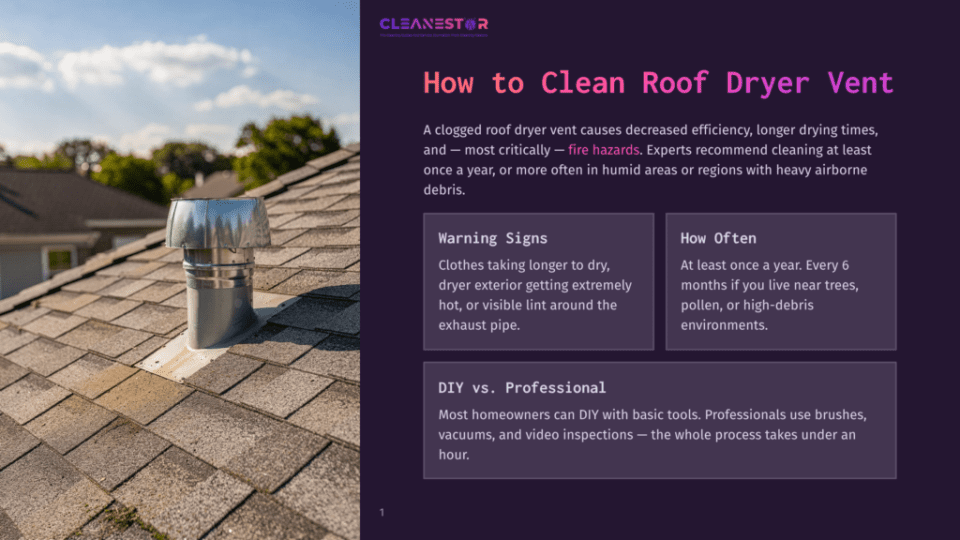 1 How To Clean Roof Dryer Vent A Metal Roof Vent On A Shingled Roof, With Text Overlay &Quot;How To Clean Roof Dryer Vent&Quot; And Information About Dryer Vent Cleaning.
