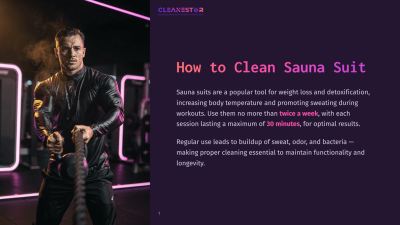 1 How To Clean Sauna Suit Muscular Man In A Black Workout Suit, Sweating And Pulling A Heavy Kettlebell With A Rope In A Modern Gym With Neon Lighting. Text Overlay: &Quot;Cleanestor How To Clean Sauna Suit&Quot;.