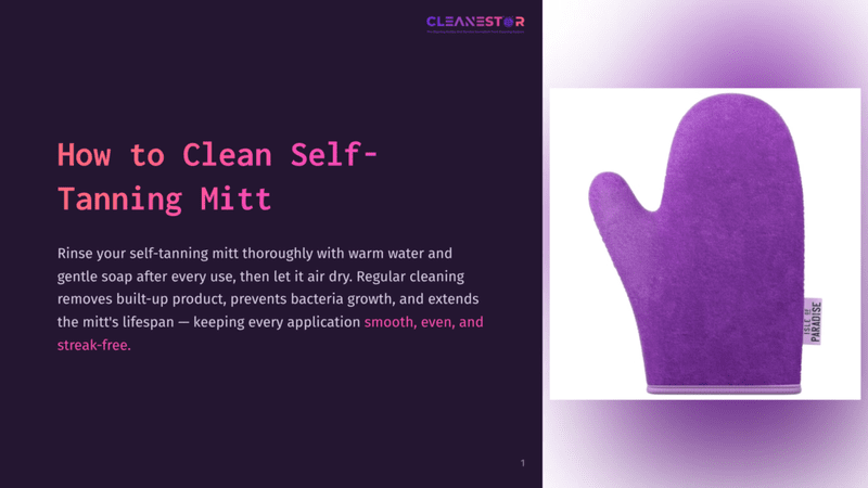 1 How To Clean Self Tanning Mitt A Purple Self-Tanning Mitt With A Textured Surface Sits On A Dark Background. The Mitt Has A Small White Tag With The Text &Quot;Isle Of Paradise&Quot; Printed On It.