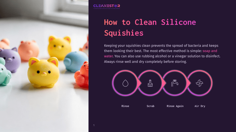 1 How To Clean Silicone Squishies A Collection Of Colorful Silicone Squishy Toys, Including Yellow Cat And Purple Bear Shapes, Are Arranged On A White Surface. The Image Is Part Of A Guide On &Quot;How To Clean Silicone Squishies,&Quot; Featuring Cleaning Steps.