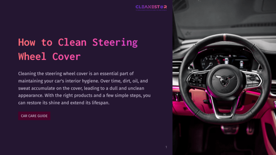 1 How To Clean Steering Wheel Cover Close-Up Of A Modern Car'S Steering Wheel With A Black Leather Cover And Stitching, Featuring The Car'S Logo And Various Control Buttons. The Background Shows A Dimly Lit, Luxurious Car Interior With Pink Ambient Lighting.