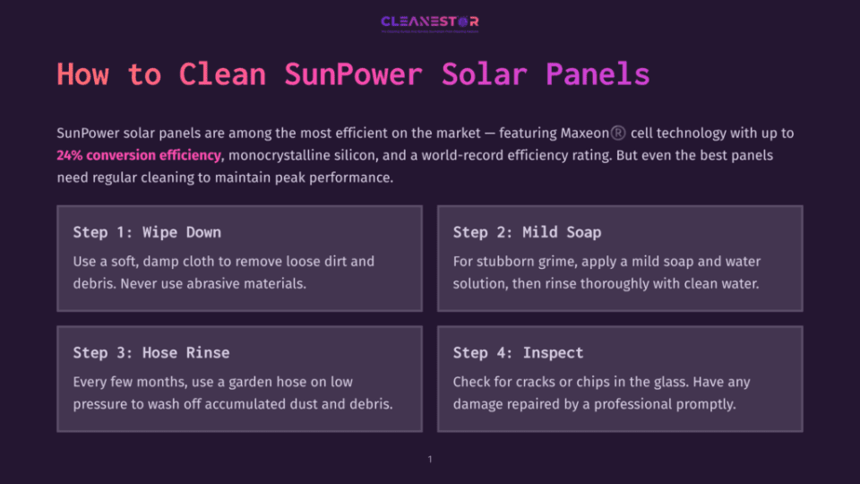 1 How To Clean Sunpower Solar Panels Infographic Titled &Quot;How To Clean Sunpower Solar Panels&Quot; With Four Steps: Wipe Down, Mild Soap, Hose Rinse, And Inspect. Details Cleaning Instructions For Efficient Solar Panels.
