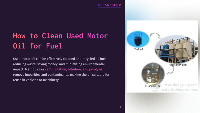 Diagram Showing How Used Motor Oil Is Cleaned And Recycled Into Clear Diesel Fuel At An Oil Refinery. Text On The Image Reads &Quot;Cleanestor&Quot;.