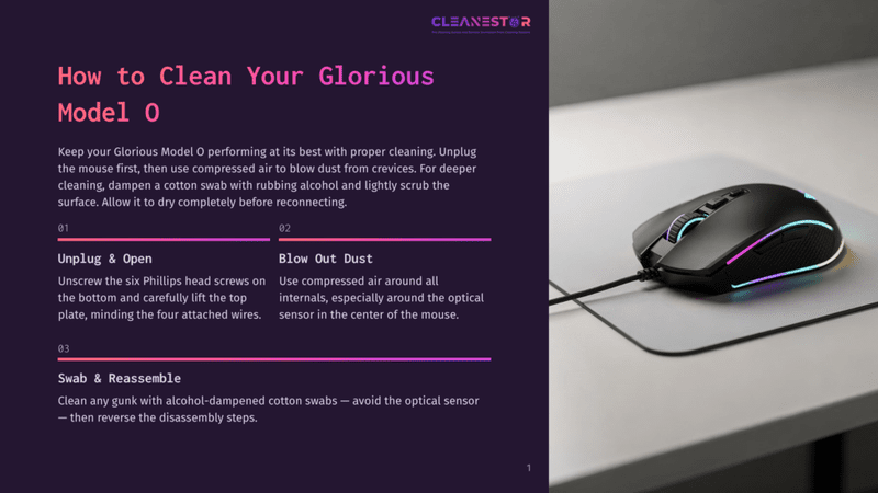 1 How To Clean Your Glorious Model O A Black Glorious Model O Gaming Mouse With Rgb Lighting Sits On A Gray Mousepad, With Instructions For Cleaning The Mouse Displayed On A Purple And White Background.