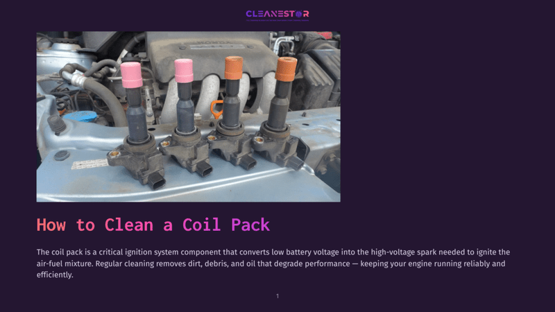 1 How To Clean A Coil Pack Close-Up Of Four Car Ignition Coil Packs In A Car Engine Bay, With Colorful Tops (Pink, Pink, Orange, Orange). The Text &Quot;How To Clean A Coil Pack&Quot; Is Visible.