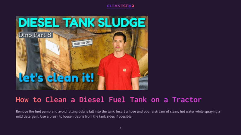 1 How To Clean A Diesel Fuel Tank On A Tractor Man In Red T-Shirt Standing In Front Of A Yellow Diesel Tank On A Tractor, Text Overlay &Quot;Let'S Clean It!&Quot; And &Quot;How To Clean A Diesel Fuel Tank On A Tractor&Quot;.