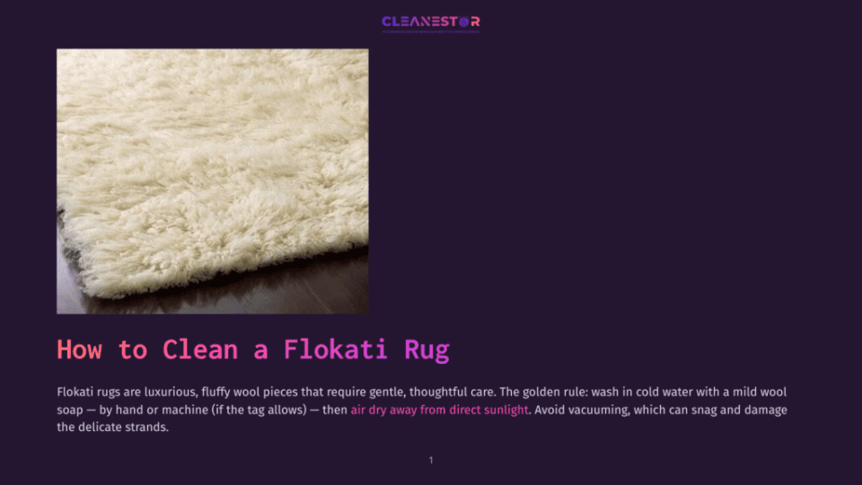 1 How To Clean A Flokati Rug 1 Close-Up Of A Fluffy, Cream-Colored Flokati Rug With Long, Soft Wool Strands On A Dark Wooden Floor. The Text &Quot;How To Clean A Flokati Rug&Quot; Is Visible.