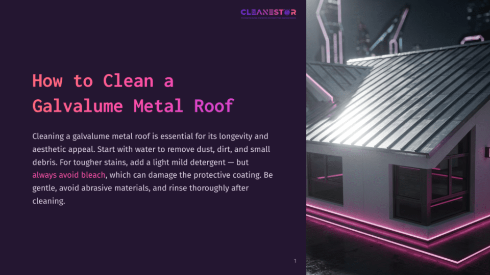 1 How To Clean A Galvalume Metal Roof A Modern House With A Shiny Galvalume Metal Roof, Illuminated By Pink Lights At Night, Set Against A Dark Backdrop.
