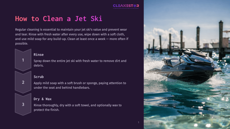1 How To Clean A Jet Ski 1 A Black And Silver Jet Ski Moves Swiftly Through Clear Blue Waters Near A Dock, With A Bright Sky And Distant Buildings Visible. A Step-By-Step Guide On How To Clean A Jet Ski Is Overlaid On The Image.