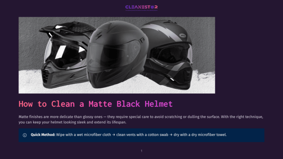 1 How To Clean A Matte Black Helmet Three Matte Black Motorcycle Helmets With Different Designs Are Displayed On A White Surface, With The Title &Quot;How To Clean A Matte Black Helmet&Quot; Overlaid.