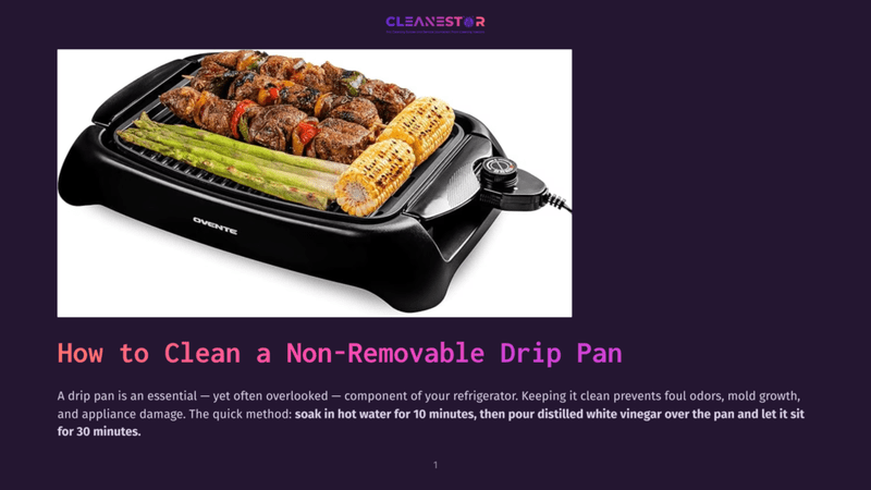 1 How To Clean A Non Removable Drip Pan Black Electric Grill With Grilled Skewers Of Meat And Vegetables, And Corn On The Cob. The Text &Quot;Cleanestor&Quot; Is At The Top, And &Quot;How To Clean A Non-Removable Drip Pan&Quot; Is Below.