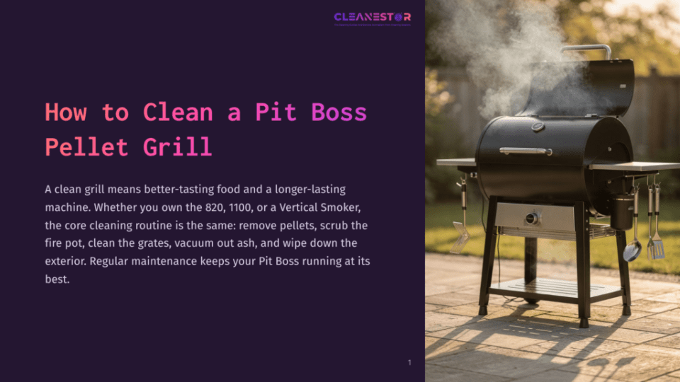1 How To Clean A Pit Boss Pellet Grill A Black Pit Boss Pellet Grill With Smoking Steam Rising From The Lid, Standing On A Brick Patio With A Blurred Background Of A Backyard And Trees.