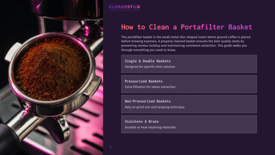 Close-Up Of A Portafilter Basket Filled With Finely Ground Dark Coffee, Ready For Brewing Espresso. The Text &Quot;Cleanestor&Quot; And &Quot;How To Clean A Portafilter Basket&Quot; Are Visible.