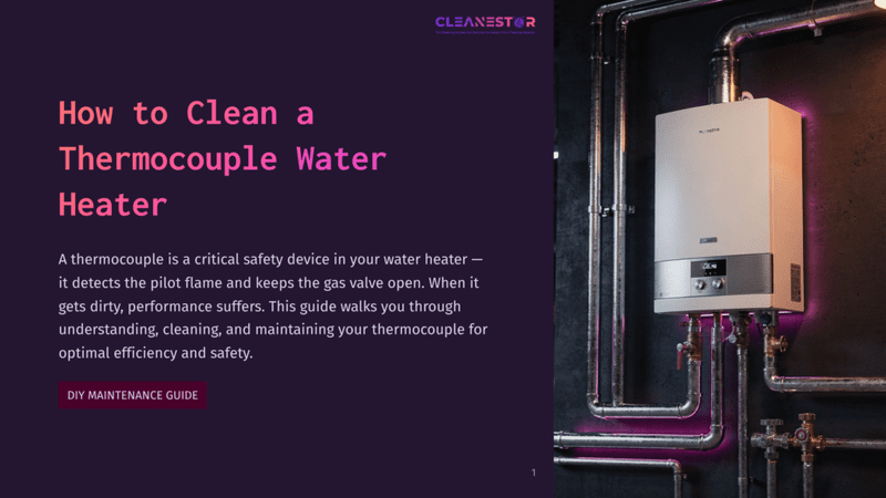1 How To Clean A Thermocouple Water Heater A Modern White Gas Water Heater, The Cleanestar Brand, Is Mounted On A Dark Textured Wall, Surrounded By Industrial Pipes With Purple Lighting. The Text &Quot;How To Clean A Thermocouple Water Heater&Quot; And &Quot;Diy Maintenance Guide&Quot; Is Visible.