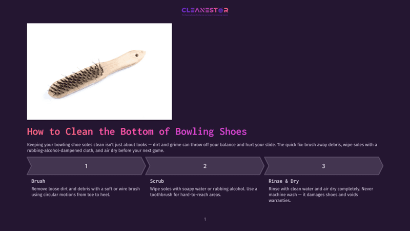 1 How To Clean The Bottom Of Bowling Shoes A Stiff-Bristled Brush With A Wooden Handle, Used For Cleaning The Bottom Of Bowling Shoes. The Brush Is Shown On A Dark Purple Background.