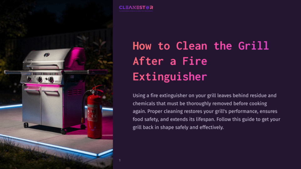 1 How To Clean The Grill After A Fire Extinguisher A Stainless Steel Gas Grill Sits On A Patio At Night, Next To A Red Fire Extinguisher. The Grill And The Surrounding Area Are Illuminated By Bright Blue Led Lights. Text Overlay Reads &Quot;Cleanestor&Quot; And &Quot;How To Clean The Grill After A Fire Extinguisher&Quot;.