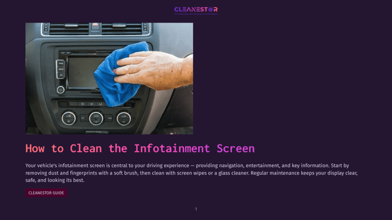 1 How To Clean The Infotainment Screen Close-Up Of A Person'S Hands Cleaning A Car'S Infotainment Screen With A Blue Microfiber Cloth. The Screen Shows Navigation, And The Dashboard Has Buttons And Vents.