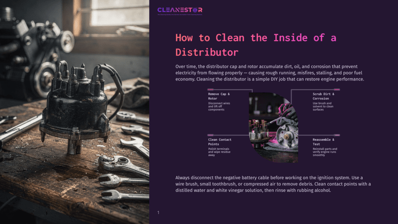 1 How To Clean The Inside Of A Distributor Close-Up Of A Vintage Car Distributor Cap And Rotor, Removed From The Engine, With Tools Like Wrenches Scattered Around On A Wooden Surface. The Text &Quot;Cleanestor&Quot; Is Visible.