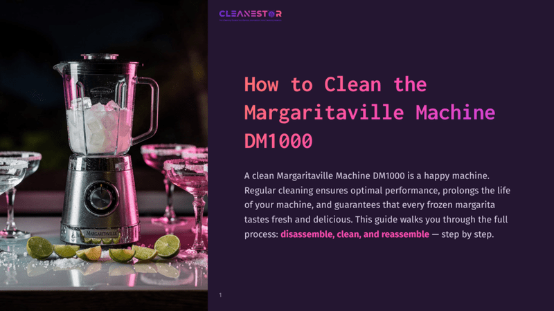 1 How To Clean The Margaritaville Machine Dm1000 A Margaritaville Machine Dm1000 Blender Jar Filled With Ice And Liquid Sits On A Stainless Steel Base, Next To Salt-Rimmed Margarita Glasses And Lime Wedges. Text Reads: &Quot;How To Clean The Margaritaville Machine Dm1000.