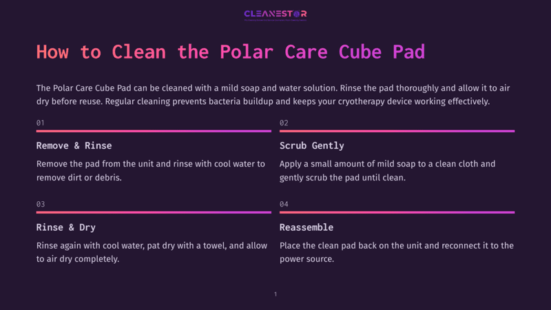 1 How To Clean The Polar Care Cube Pad Infographic Detailing How To Clean A Polar Care Cube Pad With Steps: Remove &Amp; Rinse, Scrub Gently, Rinse &Amp; Dry, And Reassemble. Features Purple And Pink Gradient Accents.