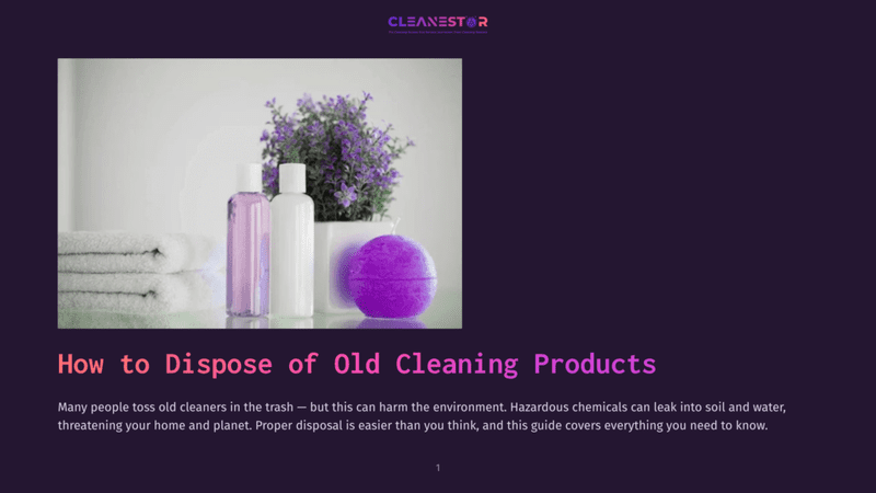 Two Bottles Of Cleaning Products, One Purple And One White, Sit Next To A Rolled-Up White Towel And A Purple Spherical Candle On A Reflective Surface, With A Potted Plant In The Background.