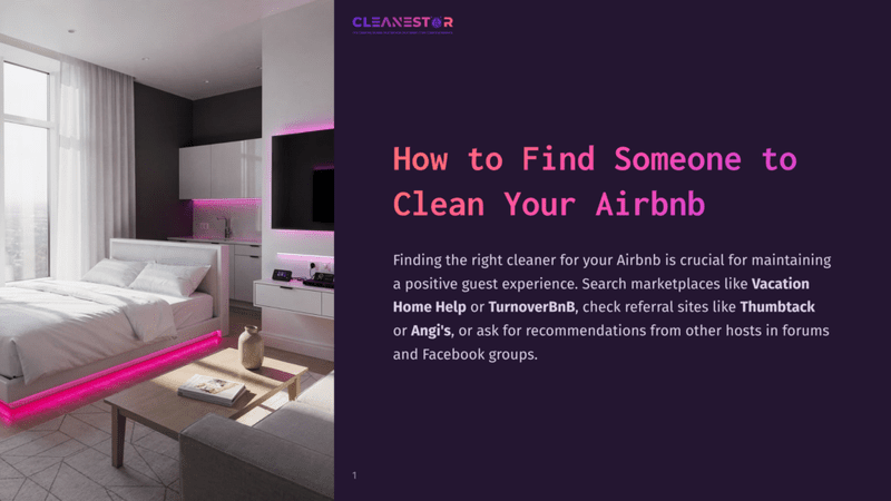 1 How To Find Someone To Clean Your Airbnb A Modern, Minimalist Airbnb Bedroom With A Plush White Bed, Accented By Vibrant Pink Led Strip Lighting Along The Floor And Headboard. A Light Wood Coffee Table With Books Sits In The Foreground, With A Large Tv And Minimalist Kitchen Cabinets In The Background.