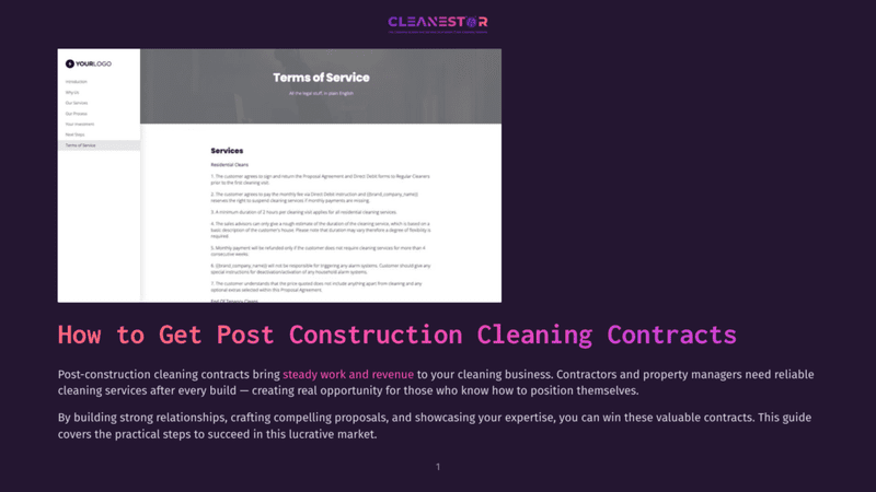 1 How To Get Post Construction Cleaning Contracts Screenshot Of A Website Page Titled &Quot;Terms Of Service&Quot; With A Sidebar Menu And Main Content Area. The Main Content Displays A List Of &Quot;Services&Quot; Including &Quot;Regular Cleaners&Quot; And &Quot;Post Construction Cleaning&Quot;.