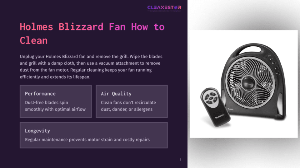 1 Holmes Blizzard Fan How To Clean Holmes Blizzard Fan With Remote Control, Shown On A White Background. The Fan Is Black With A Silver Grill And Multiple Speed Settings On Top.