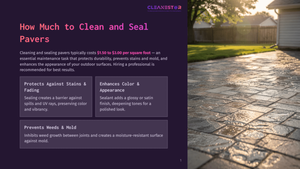1 How Much To Clean And Seal Pavers A Sunlit, Wet Stone Patio With A Rustic, Textured Finish, Featuring Warm Earthy Tones And A Slight Sheen From Recent Cleaning And Sealing. The Background Shows A Wooden Fence And Green Foliage.