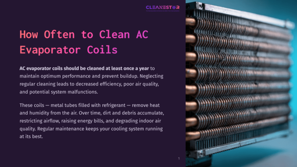 1 How Often To Clean Ac Evaporator Coils Close-Up Of A Dirty Ac Evaporator Coil With Rows Of Copper Tubes, Showing Dust And Debris Buildup. The Text &Quot;How Often To Clean Ac Evaporator Coils&Quot; Is Visible.