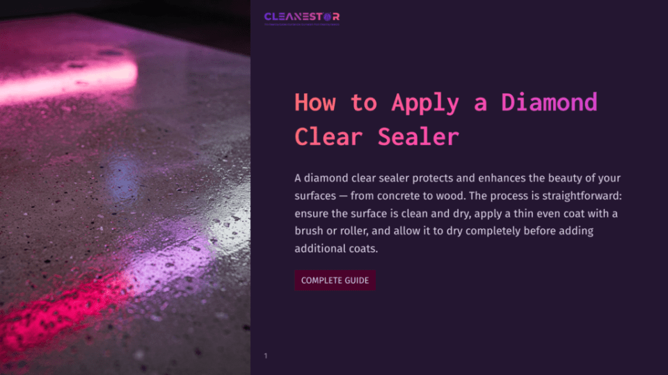 1 How To Apply A Diamond Clear Sealer Close-Up Of A Wet Concrete Floor With Pink And Purple Neon Reflections, Highlighting The Texture And Sheen After Applying A Diamond Clear Sealer. Text Overlay: &Quot;Cleanestor How To Apply A Diamond Clear Sealer&Quot;.