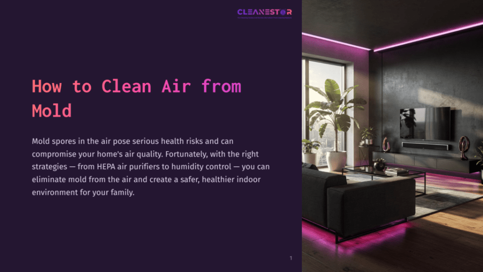 1 How To Clean Air From Mold Modern Living Room With Dark Furniture, Large Windows, And Vibrant Pink Neon Lighting. Text Overlay Reads &Quot;Cleanestor&Quot; And &Quot;How To Clean Air From Mold.