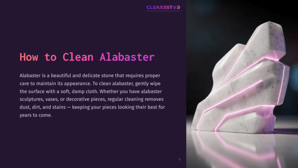1 How To Clean Alabaster A Carved Alabaster Sculpture With Pink Neon Lights, Set Against A Dark Background. Text Overlay Reads &Quot;Cleanestar: Pro Cleaning &Amp; Surface Restoration Solutions&Quot;.