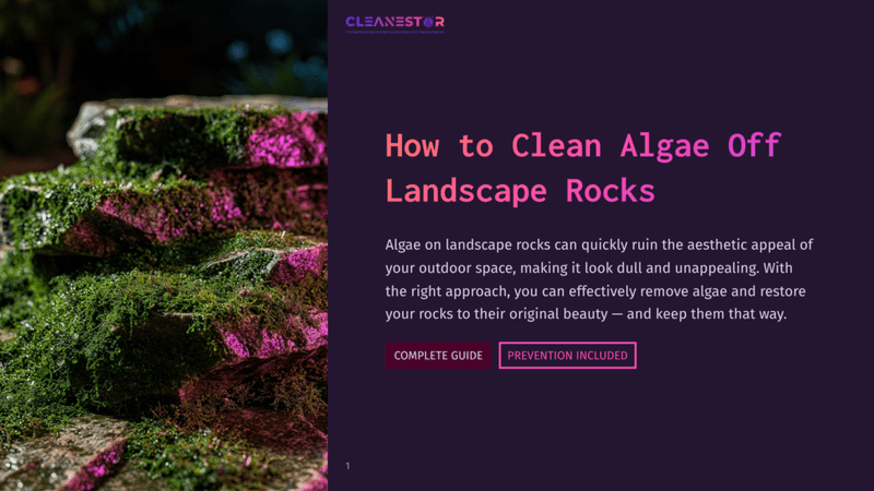 1 How To Clean Algae Off Landscape Rocks Close-Up Of Mossy Landscape Rocks With Vibrant Pink Lighting, Featuring The Cleanestor Logo And Text &Quot;How To Clean Algae Off Landscape Rocks&Quot;.