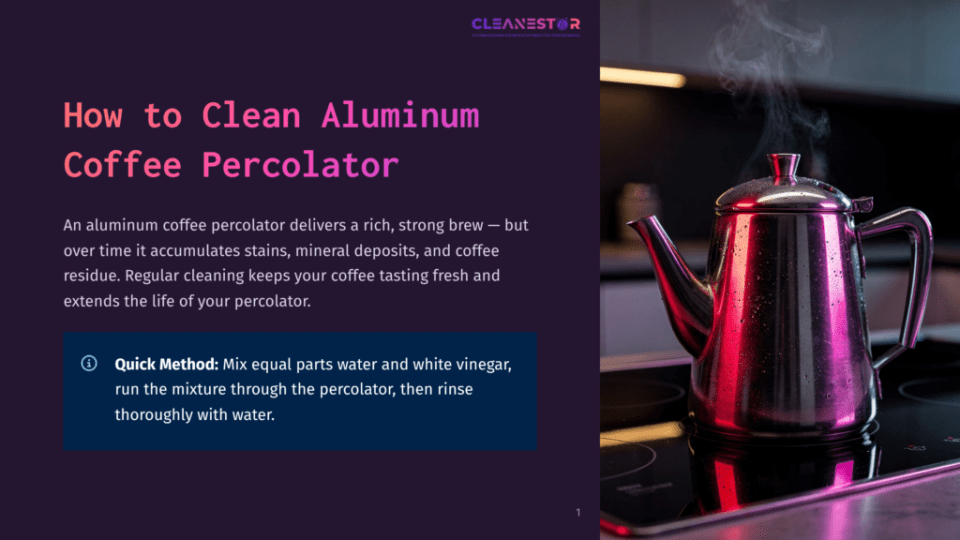 1 How To Clean Aluminum Coffee Percolator A Steaming Aluminum Coffee Percolator Sits On A Modern Induction Stovetop, Reflecting Pink And Purple Light. Text On The Left Reads &Quot;How To Clean Aluminum Coffee Percolator.