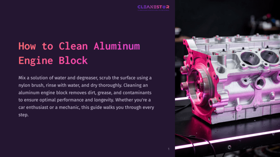 1 How To Clean Aluminum Engine Block Close-Up Of A Clean Aluminum Engine Block On A Black Surface, Illuminated By Vibrant Pink And Purple Lights, With Text Overlay &Quot;How To Clean Aluminum Engine Block&Quot;.
