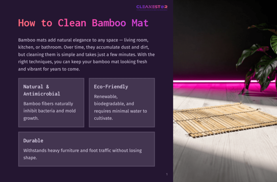 1 How To Clean Bamboo Mat 1 A Clean Bamboo Bath Mat Sits On A White Wooden Floor, Bathed In Soft Light With A Lush Green Plant In The Background. The Mat Has A Natural, Woven Texture.