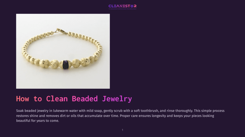 1 How To Clean Beaded Jewelry Close-Up Of A Gold Beaded Bracelet With A Black Stone Accent, Resting On A White Surface. Text Overlay Reads &Quot;How To Clean Beaded Jewelry.