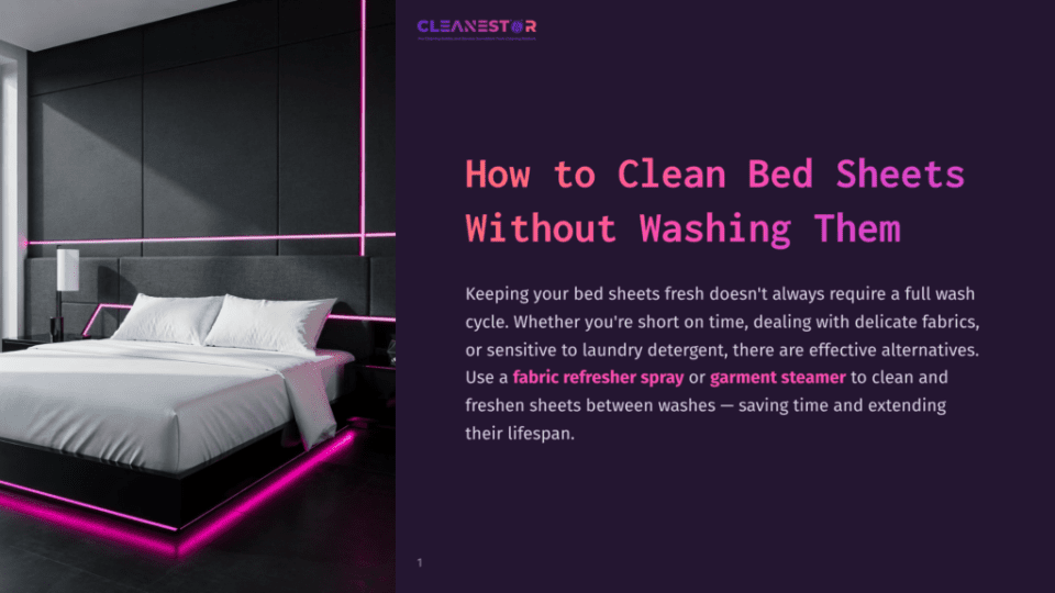 1 How To Clean Bed Sheets Without Washing Them Modern Bedroom With A Neatly Made Bed Featuring White Sheets And Pillows, Illuminated By Bright Pink Neon Lights Along The Headboard And Base. Text Overlay Reads &Quot;Cleanestor&Quot; And &Quot;How To Clean Bed Sheets Without Washing Them.