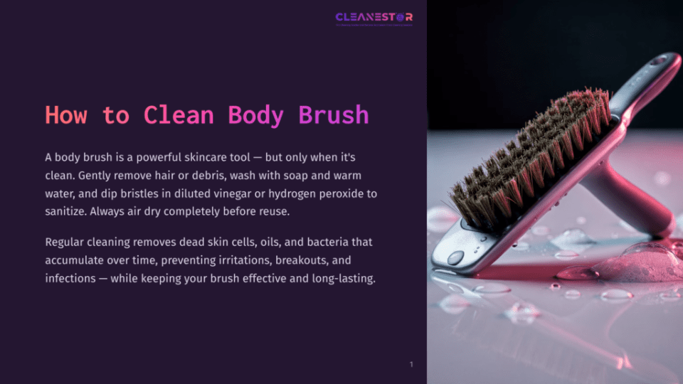 1 How To Clean Body Brush A Close-Up Of A Body Brush With Dark Bristles And A Silver Handle Resting On A Wet Surface With Pink-Tinted Suds And Water Droplets. Text On The Left Reads &Quot;How To Clean Body Brush&Quot;.