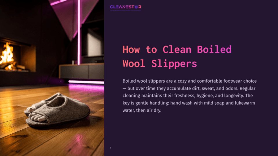 1 How To Clean Boiled Wool Slippers Cozy Grey Boiled Wool Slippers Rest On A Warm Wooden Floor In Front Of A Fireplace With A Roaring Fire. The Text &Quot;How To Clean Boiled Wool Slippers&Quot; Is Visible.