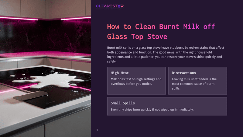 1 How To Clean Burnt Milk Off Glass Top Stove 1 Cleanestor Logo Above A Glass Top Stove With Spilled Milk Burning, Illustrating How To Clean Burnt Milk Off A Glass Top Stove.