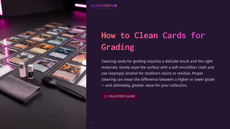 1 How To Clean Cards For Grading A Collection Of Magic: The Gathering Cards In Protective Sleeves Are Laid Out On A Dark Surface, With Cleaning Supplies Including A Microfiber Cloth, Brush, And Small Bottles Nearby. The Scene Is Illuminated By Soft Pink Light, Hinting At Card Grading Preparation.