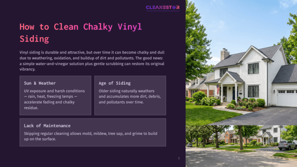 1 How To Clean Chalky Vinyl Siding Clean Vinyl Siding On A White House With A Green Lawn And Trees. The Text &Quot;Cleanestor&Quot; Is Visible At The Top.