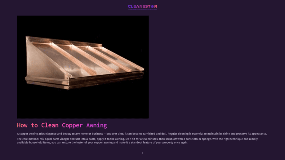 1 How To Clean Copper Awning A Gleaming Copper Awning With A Wooden Frame Against A Black Background. The Text &Quot;How To Clean Copper Awning&Quot; Is Overlaid On The Image.