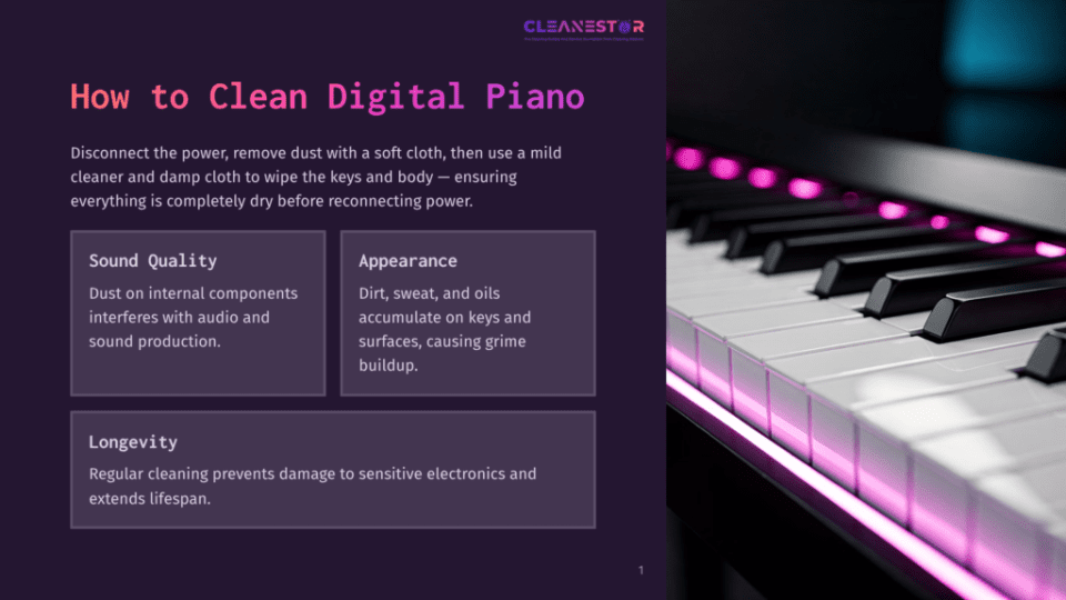 1 How To Clean Digital Piano Close-Up Of A Black Digital Piano Keyboard With Illuminated Pink Lights Along The Keys, Set Against A Dark Background. Text Overlay Reads &Quot;How To Clean Digital Piano&Quot; And Provides Cleaning Tips.