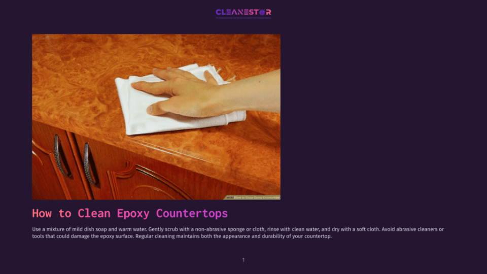 1 How To Clean Epoxy Countertops Close-Up Of A Hand Wiping A Shiny, Polished Epoxy Countertop With A White Cloth. The Countertop Has A Rich, Wood-Grain Pattern And Is Part Of A Cabinet With Ornate Silver Handles.