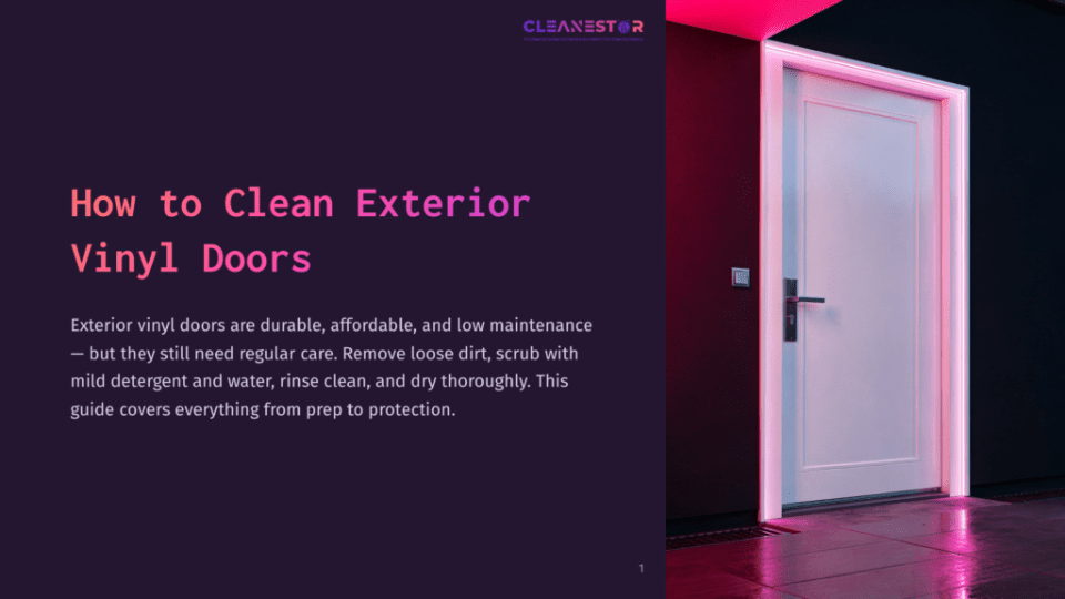 A Clean, White Exterior Vinyl Door With A Modern Handle Glows Under Pink And Purple Lighting. The Text &Quot;Cleanestor How To Clean Exterior Vinyl Doors&Quot; Is Overlayed On The Image.